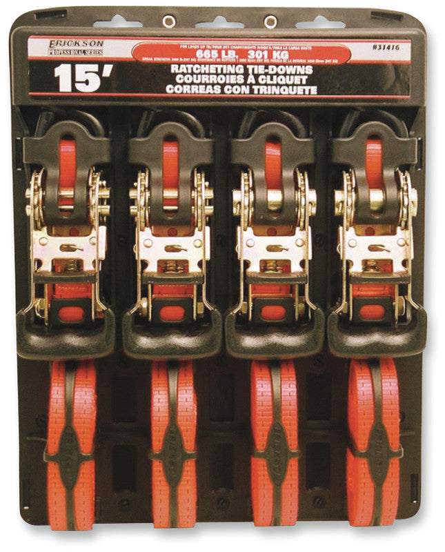 ERICKSON 1"x15' 2000LB RUBBR RATCHET TIE-DOWN 4PK