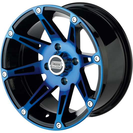 MOOSE UTILITY DIVISION TYPE 387X 14X8 4/110 4+4 MACHINED W/BLACK-BLUE